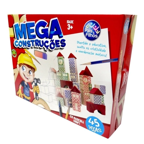 JOGO BLOCOS DE MADEIRA MEGA CONSTRUÇÕES 45 PEÇAS -PEDAGOGICO PAIS E FILHOS