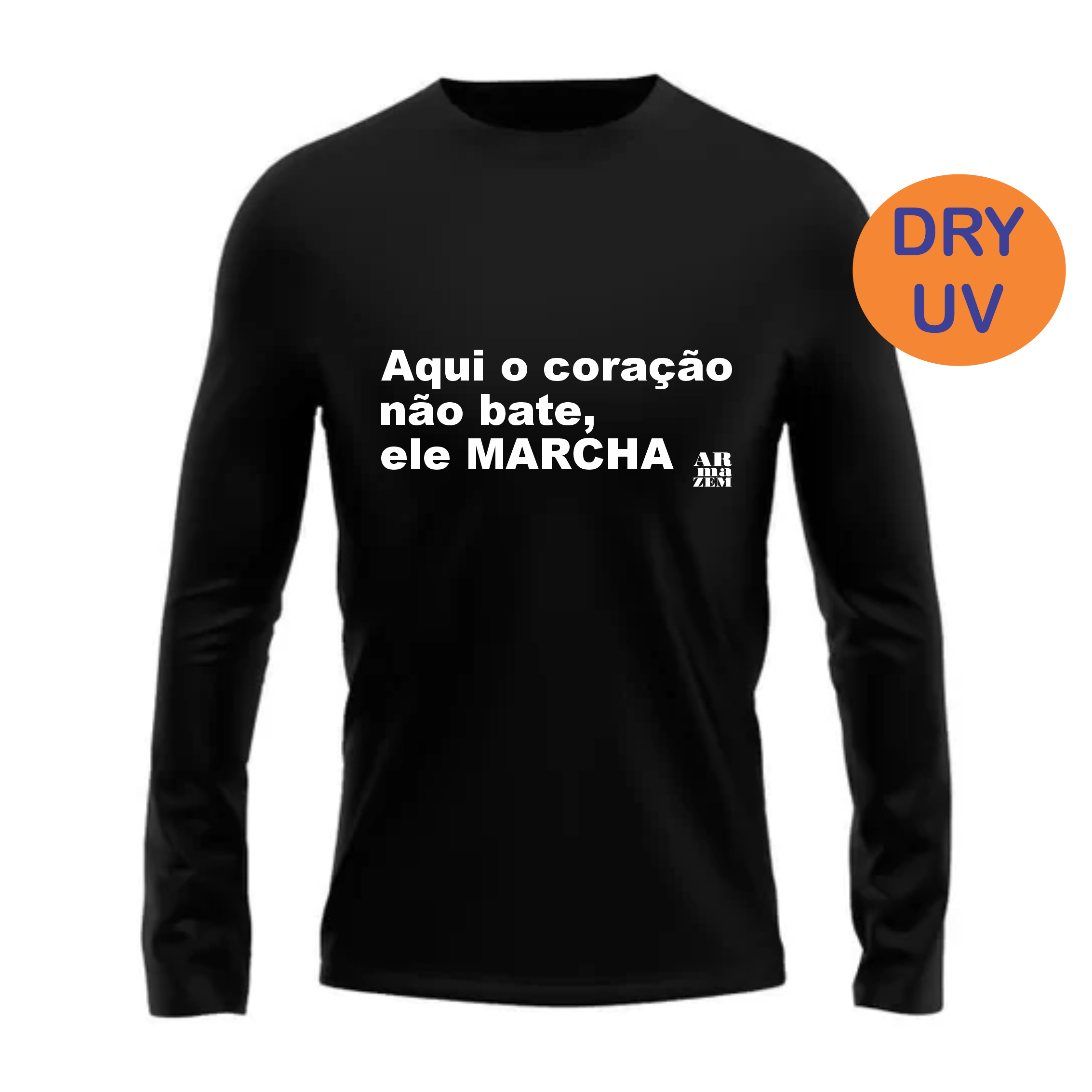 T-SHIRT “AQUI O CORAÇÃO NÃO BATE, ELE MARCHA” MANGALARGA MARCHADOR – CAMISA  PRETA DRY PROTEÇÃO UV ARMAZEM – Armazém