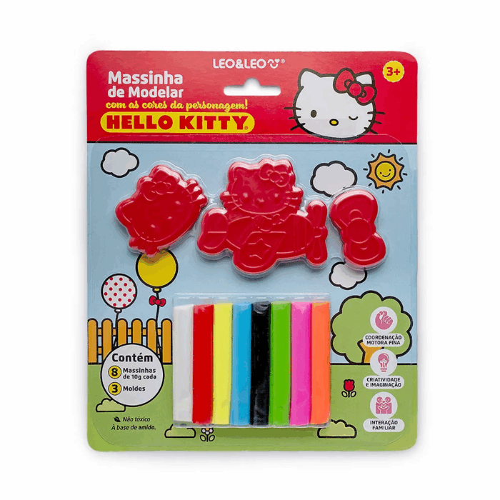 KIT MASSA PARA MODELAR HELLO KITTY 3 MOLDES PEDAGÓGICO - 8 CORES DE MASSINHA LEO&LEO
