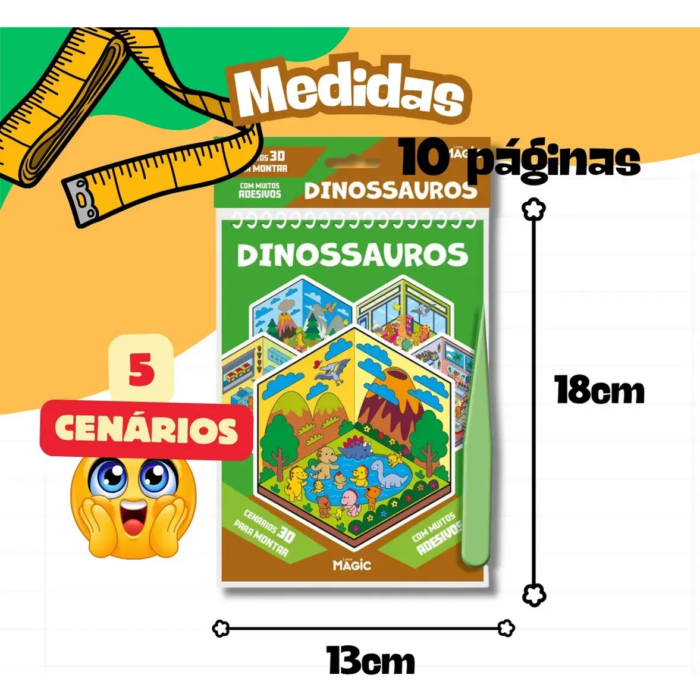 LIVRO BRINQUEDO CENÁRIO 3D COM ADESIVOS E PINÇA DINOSSAUROS - PEDAGOGICO MAGIC
