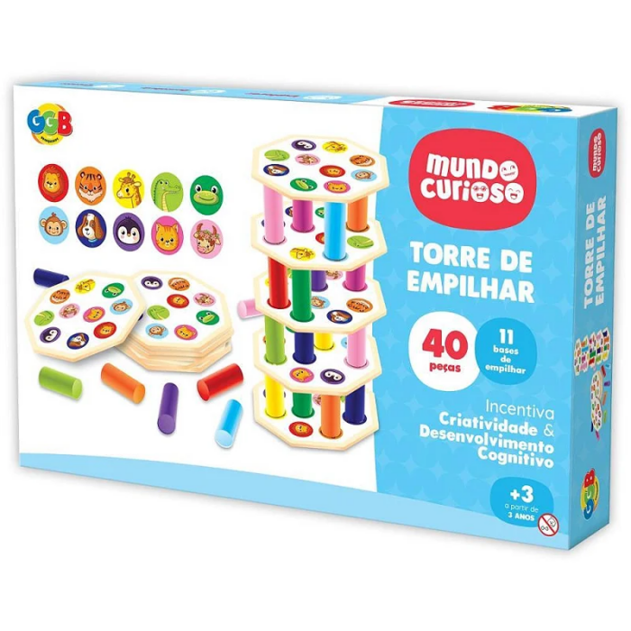 JOGO PEDAGÓGICO TORRE DE EMPILHAR MUNDO CURIOSO ANIMAIS - GGB