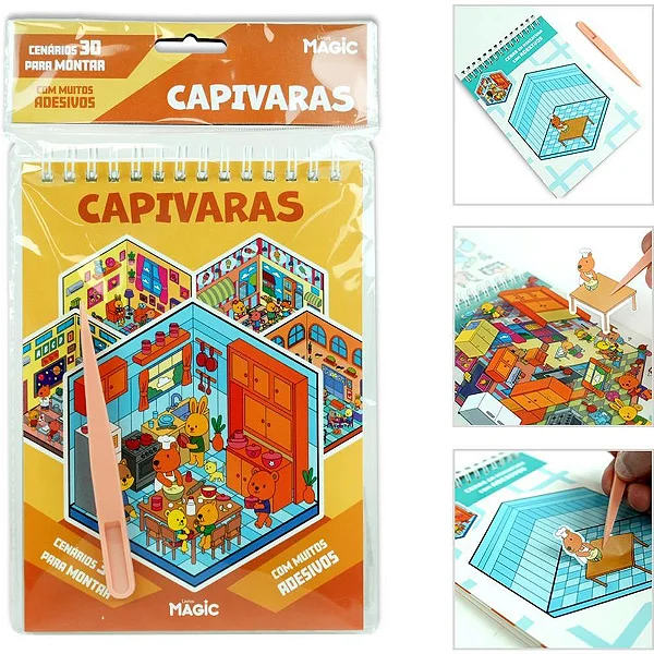 LIVRO BRINQUEDO CENÁRIO 3D COM ADESIVOS E PINÇA CAPIVARA - PEDAGOGICO MAGIC
