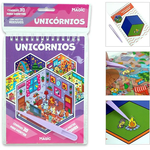 LIVRO BRINQUEDO CENÁRIO 3D COM ADESIVOS E PINÇA UNICÓRNIOS - PEDAGOGICO MAGIC