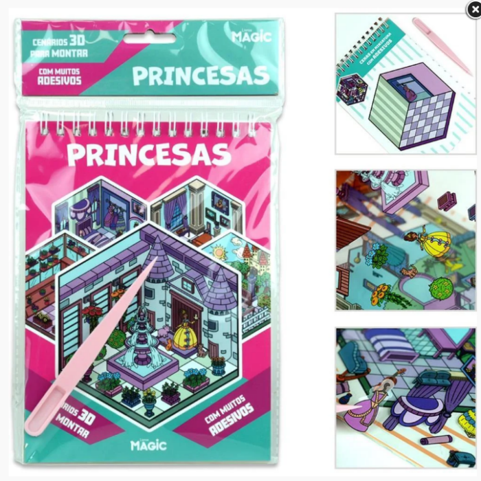 LIVRO BRINQUEDO CENÁRIO 3D COM ADESIVOS E PINÇA PRINCESAS - PEDAGOGICO MAGIC
